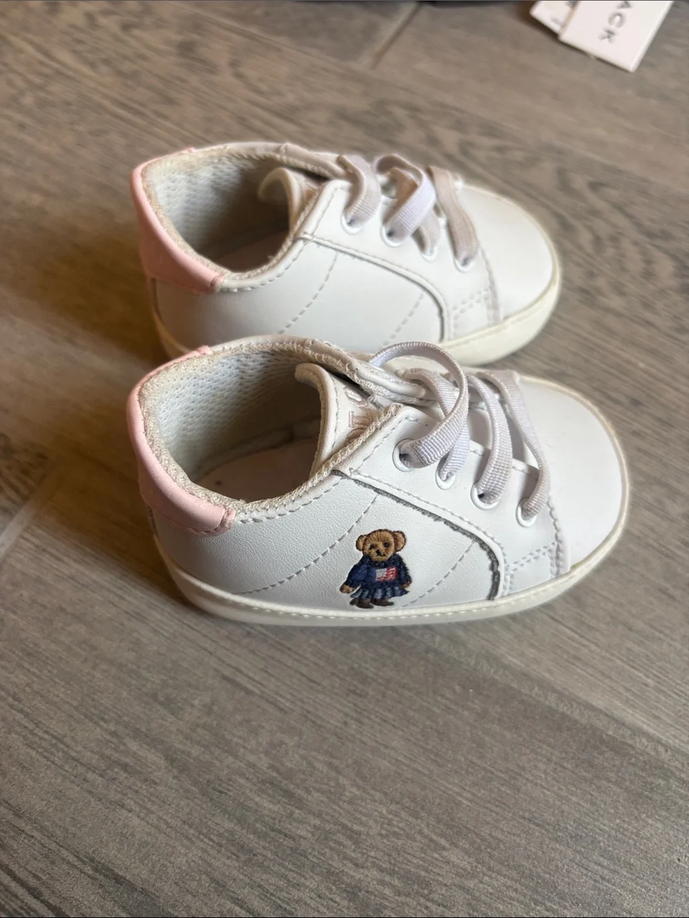 Polo by Ralph Lauren White Sneakers with Pink Heel and Teddy Embroidery